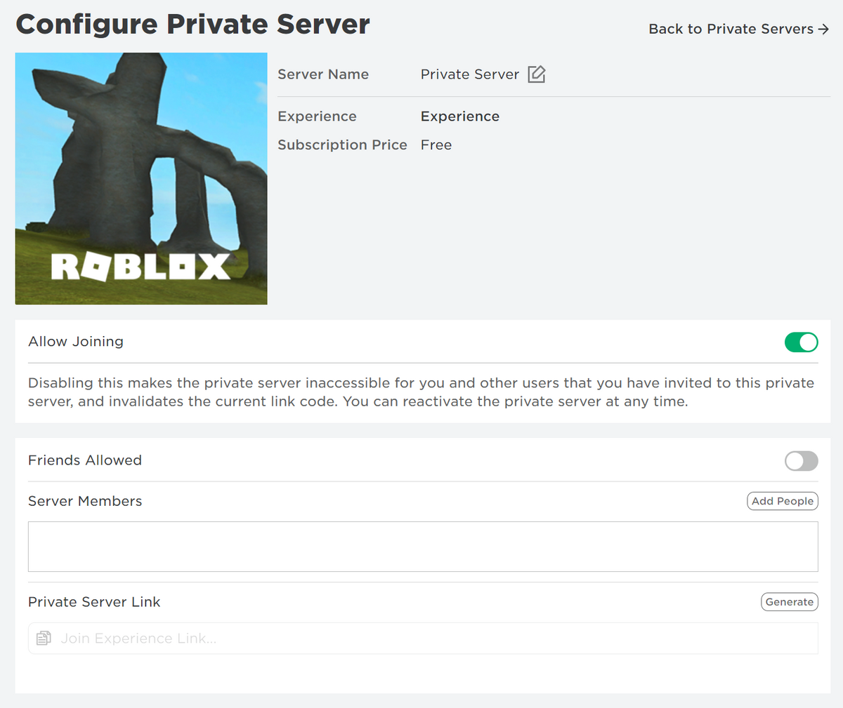 Private server, Roblox Wiki